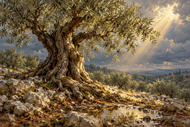 Oliveira antiga entre pedras, iluminada por um raio de sol sob céu nublado, com reflexo em uma poça.