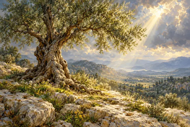 Oliveira antiga entre pedras e flores, com raios de sol atravessando nuvens sobre um vale montanhoso em pintura a óleo.
