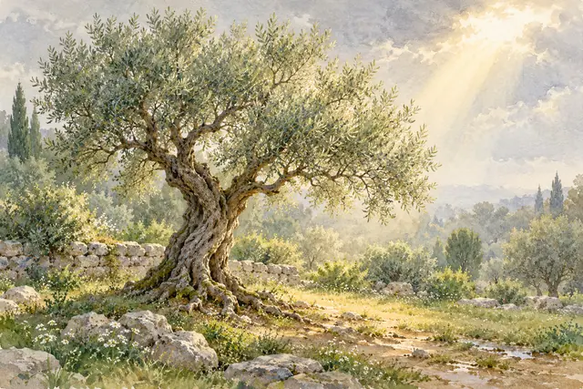 Aquarela de uma oliveira com tronco retorcido sob um raio de sol, entre pedras e flores brancas em um jardim.