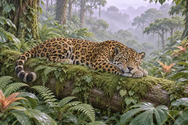 Onça-pintada de olhos fechados sobre tronco com musgo, cercada por samambaias e floresta com névoa.