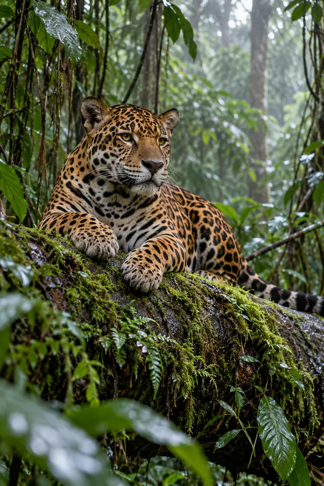 Onça-pintada repousa sobre tronco com musgo entre folhas úmidas e cipós na floresta tropical.