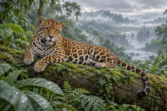 Onça-pintada deitada em tronco com musgo, entre folhas tropicais, com cachoeiras e floresta sob névoa ao fundo.