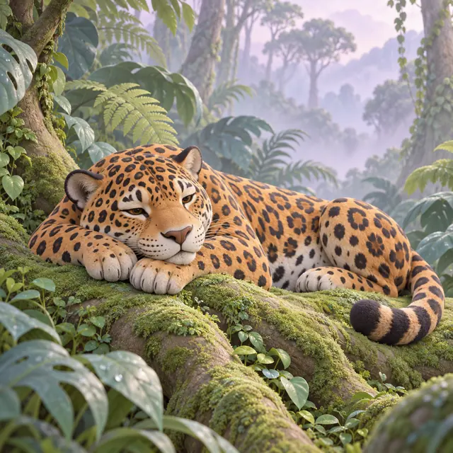 Onça-pintada em 3D descansa sobre raízes com musgo entre folhas tropicais e névoa lilás.