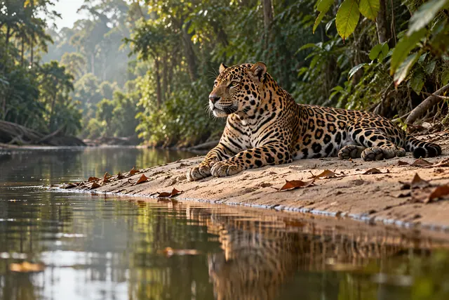 Onça-pintada deitada na margem arenosa de um riacho, com reflexo na água e floresta ao fundo sob a luz da manhã.