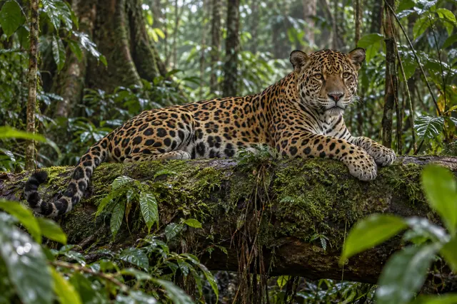 Onça-pintada deitada em tronco coberto de musgo, com olhar atento e vegetação tropical ao fundo.