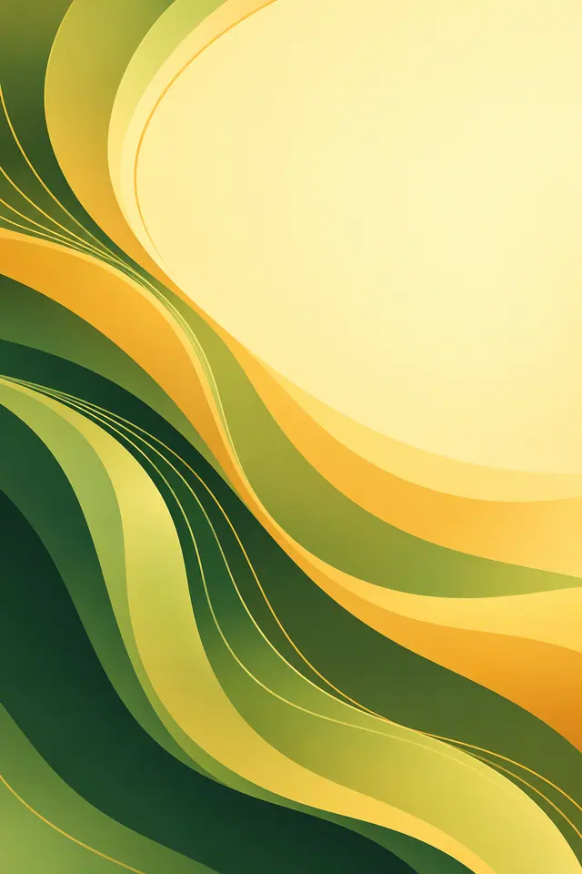 Ondas abstratas em verde, oliva e dourado com linhas finas e ampla área amarelo-clara no alto à direita.