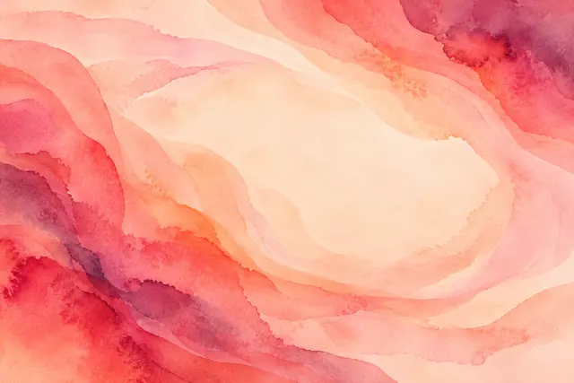 Fundo abstrato de aquarela com faixas curvas em coral, rosa e pêssego ao redor de um centro claro.