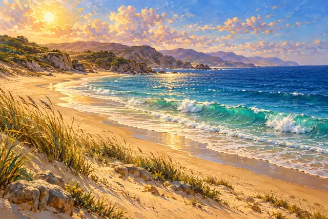 Pintura a óleo de praia no verão, com ondas turquesa, dunas com gramíneas e luz dourada da tarde.