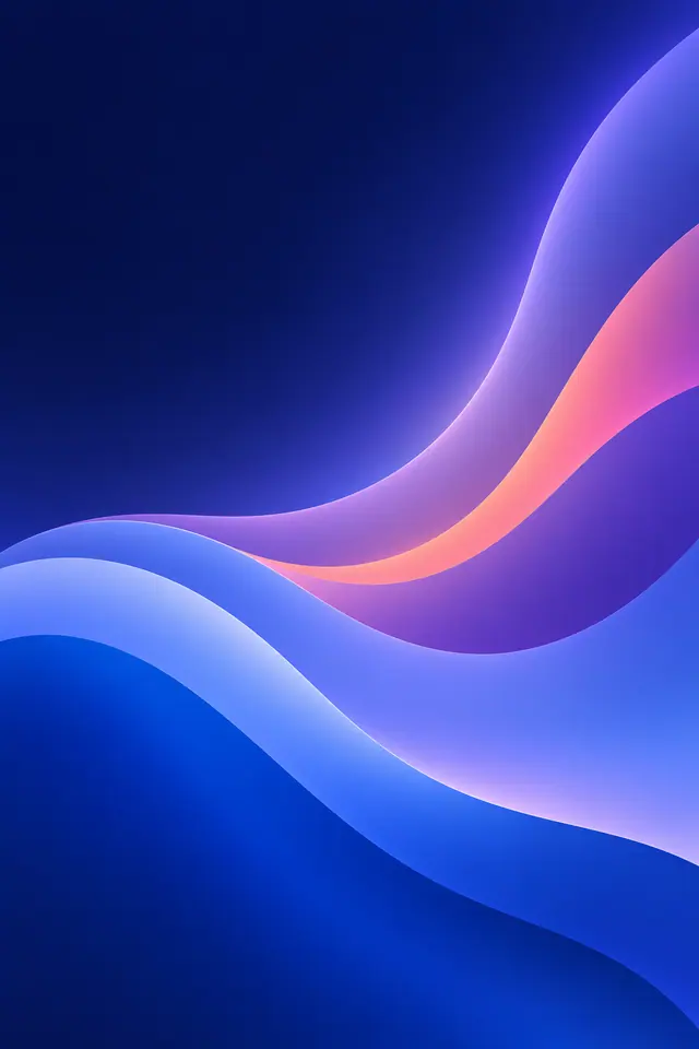 Ondas abstratas em degradê azul e lilás, com faixa coral e rosa sobre fundo índigo.