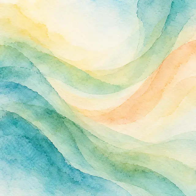 Ondas abstratas em aquarela turquesa, verde, amarelo e damasco sobre papel texturizado, com áreas claras.