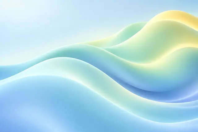 Ondas abstratas em 3D com curvas suaves em azul-claro, verde-menta e amarelo, iluminadas por luz difusa.