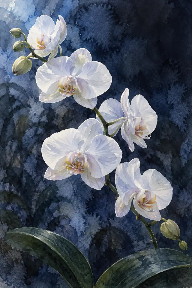 Cinco orquídeas brancas com botões verdes e folhas largas sobre fundo azul profundo em aquarela texturizada.