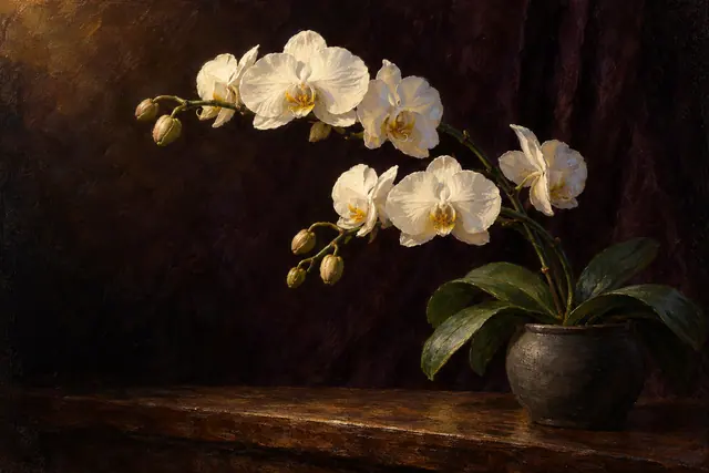 Pintura a óleo de orquídeas brancas em vaso escuro sobre madeira, com luz dourada e fundo em sombras.