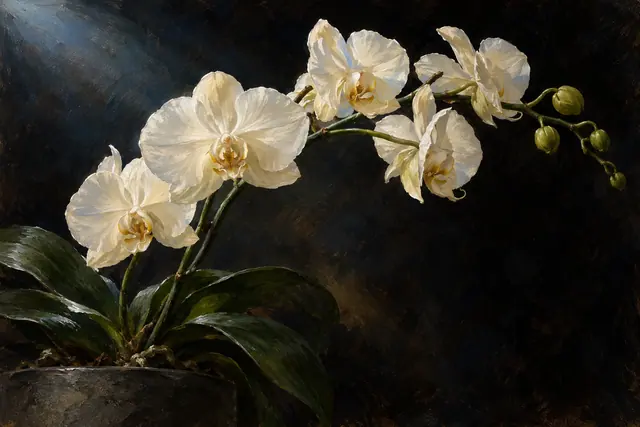 Pintura a óleo de orquídeas brancas com botões verdes e folhas escuras em vaso, sobre fundo quase preto.