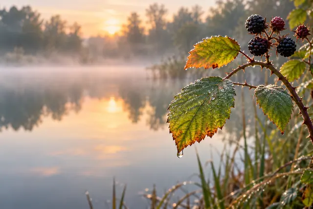 Folhas com orvalho e amoras à beira de um lago com névoa e reflexos dourados do amanhecer.