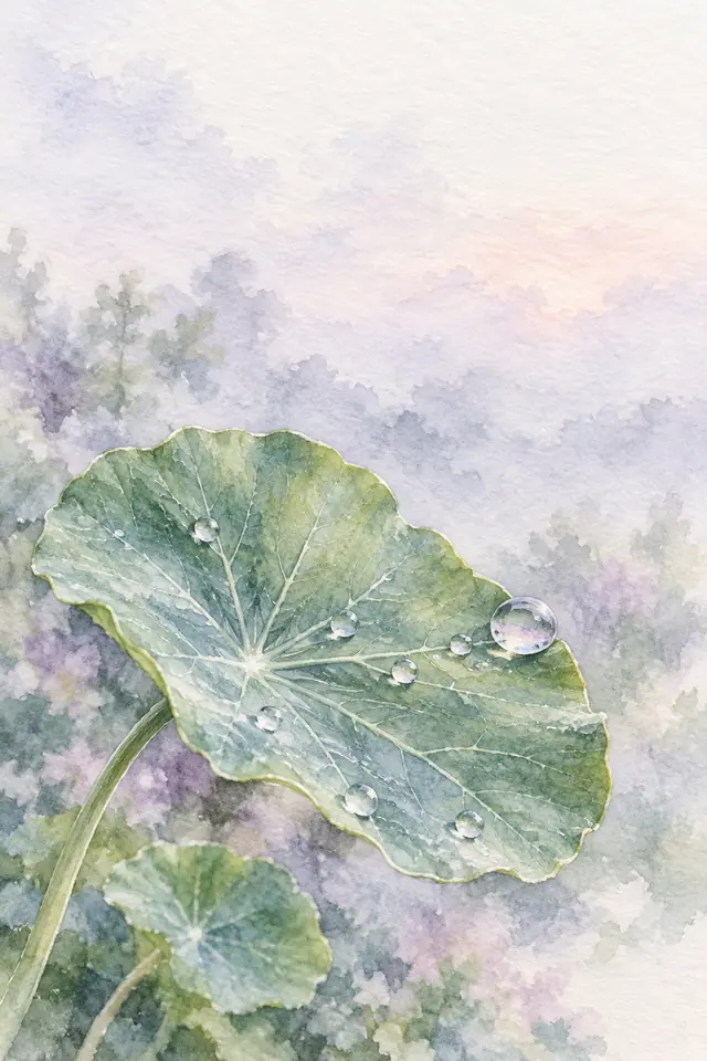 Aquarela de folha de capuchinha com gotas de orvalho sobre fundo suave em lilás e rosa, em papel texturizado.
