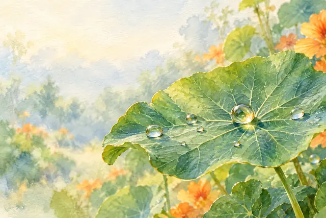Aquarela de gotas de orvalho sobre uma folha verde, com flores alaranjadas e luz suave da manhã ao fundo.