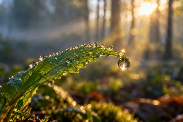 Gotas de orvalho em folha verde arqueada, com uma gota pendente e raios dourados entre árvores desfocadas.