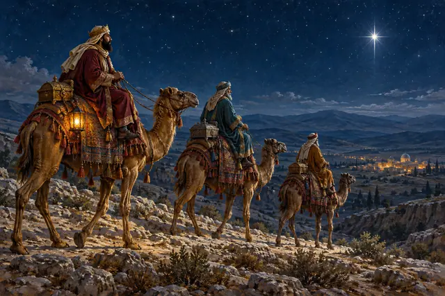 Três reis magos em camelos percorrem uma trilha rochosa à noite, sob uma estrela brilhante, com uma cidade ao fundo.