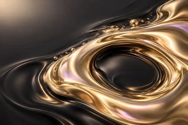 Forma abstrata de ouro líquido com abertura oval e pequenas gotas sobre fundo preto, com reflexos rosa e lilás.
