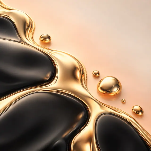 Formas pretas acetinadas com contornos de ouro líquido e gotas douradas sobre fundo pêssego claro.