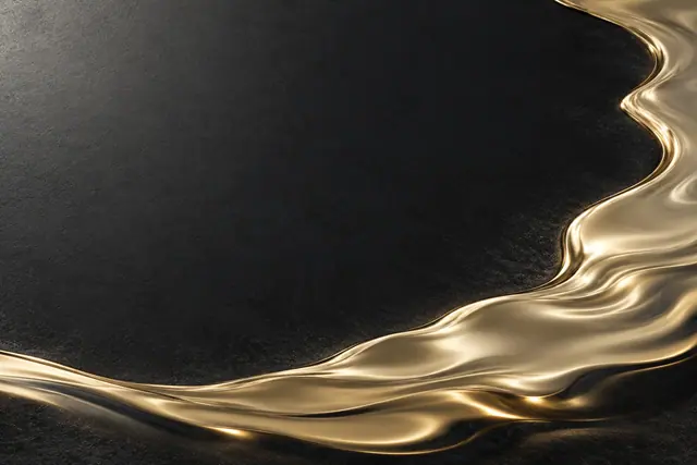 Faixa de ouro líquido contorna as bordas inferior e direita de um fundo preto texturizado com amplo espaço livre.