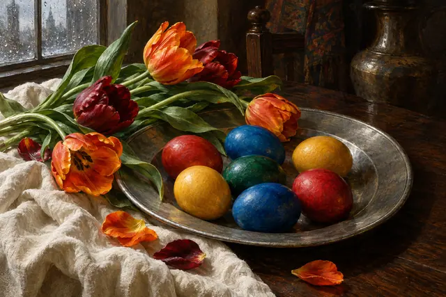 Pintura a óleo de ovos coloridos em travessa metálica com tulipas, linho claro e janela com gotas de chuva.