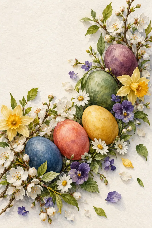 Aquarela de cinco ovos coloridos entre ramos floridos, narcisos e amores-perfeitos sobre papel texturizado.