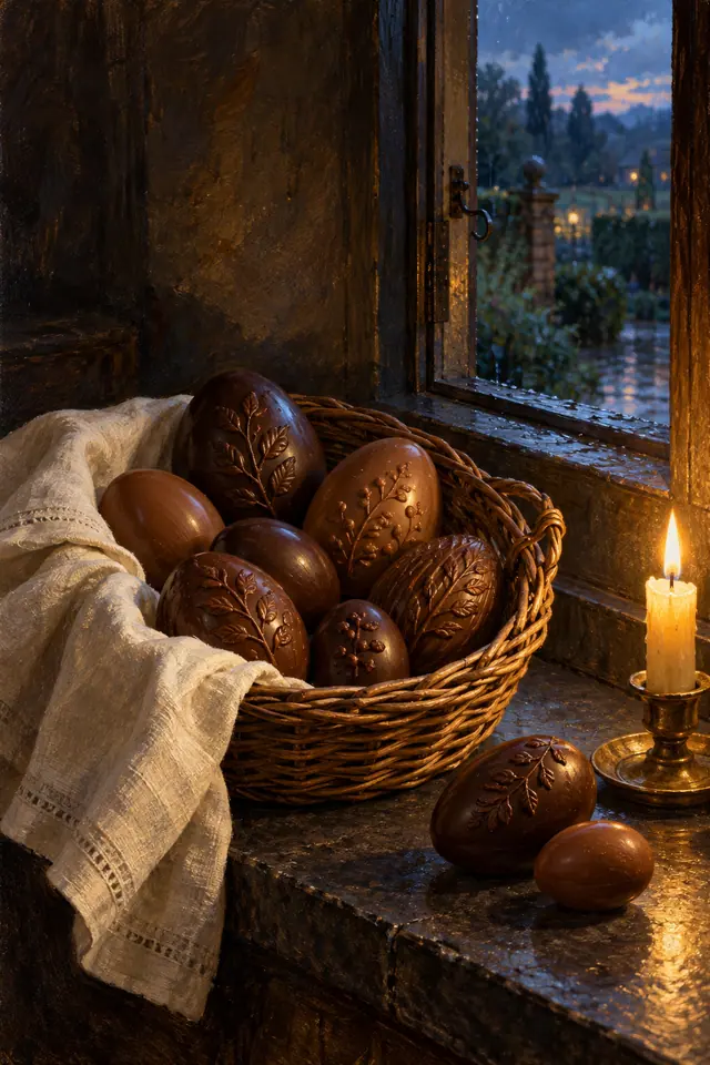 Cesta com ovos de chocolate decorados, tecido claro e vela acesa junto à janela com jardim ao entardecer.