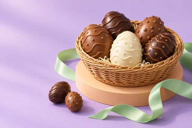 Cesta com ovos de chocolate sobre base pêssego, fita verde e dois ovinhos sobre fundo lilás em 3D.