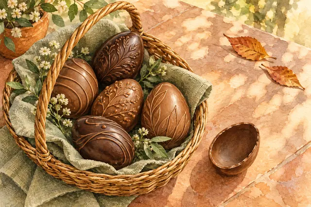 Aquarela de ovos de chocolate em cesta de vime com tecido verde, flores brancas e folhas secas sobre mesa de terracota.