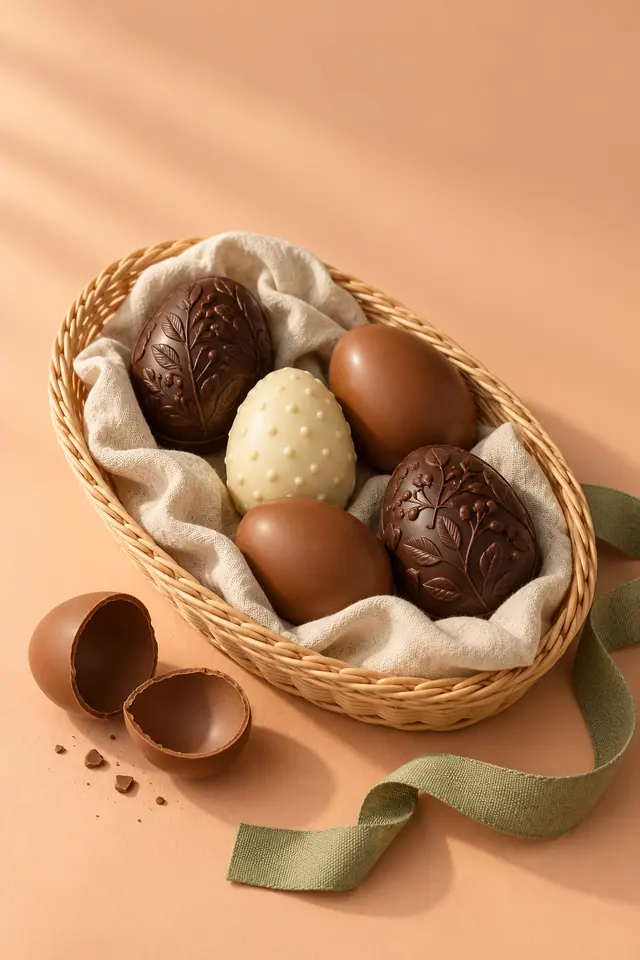 Cesta de vime com ovos de chocolate sobre fundo pêssego, acompanhada de cascas de ovo e fita verde.