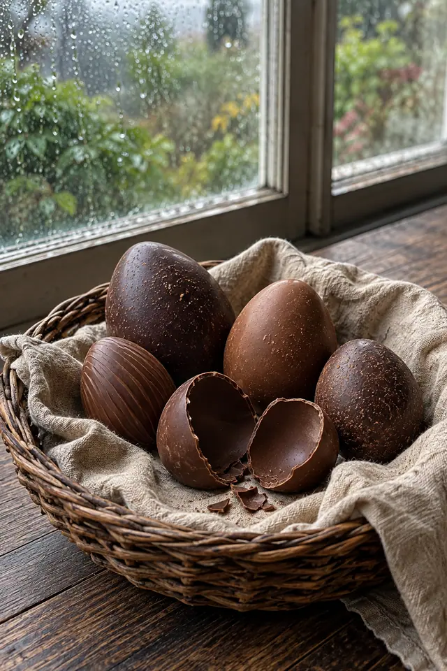 Ovos de chocolate em cesta com tecido cru, um deles partido, sobre mesa de madeira junto à janela com gotas de chuva.
