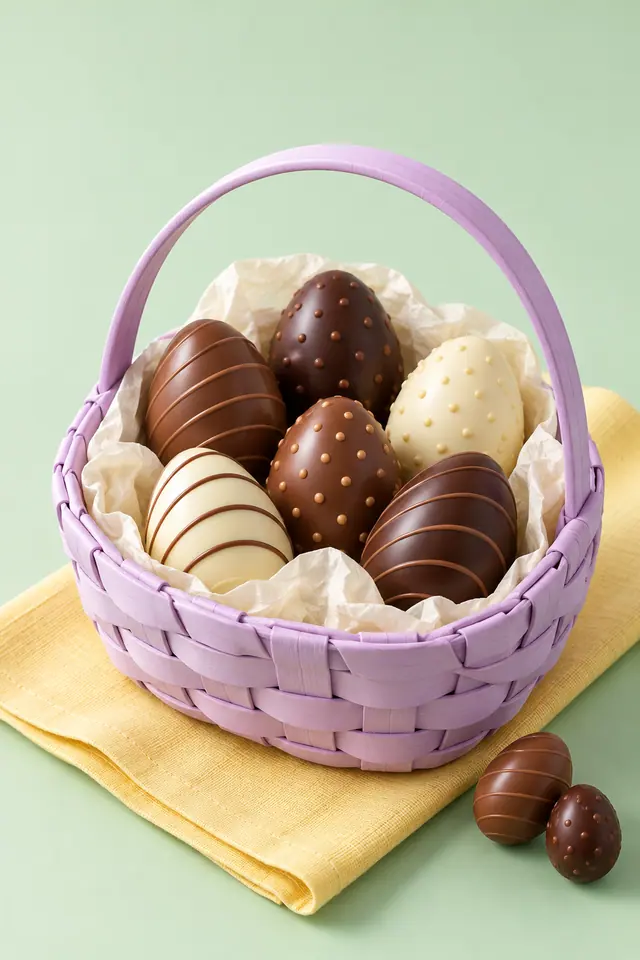 Cesta lilás com ovos de chocolate sobre tecido amarelo, com dois ovinhos ao lado e fundo verde-menta em 3D.