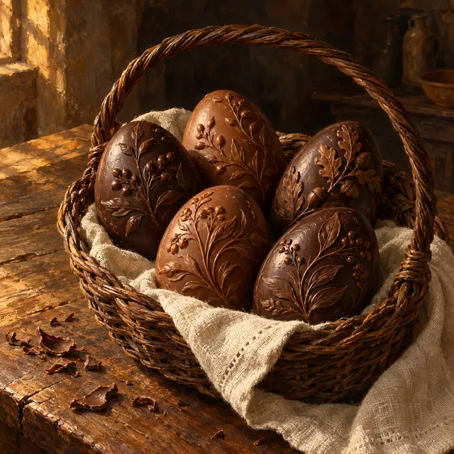 Pintura a óleo de cinco ovos de chocolate decorados em cesta de vime, sobre mesa rústica iluminada pela janela.