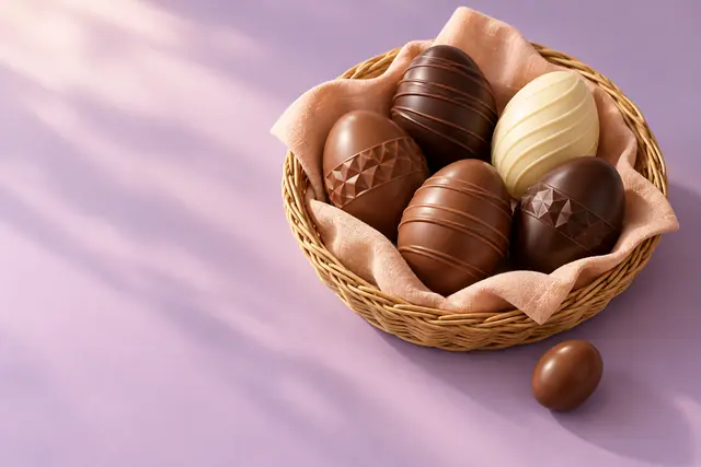 Cesta de vime com cinco ovos de chocolate sobre tecido pêssego e fundo lilás, com um pequeno ovo ao lado.