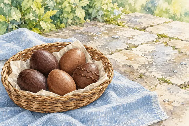 Aquarela de cinco ovos de chocolate em cesta de vime sobre tecido azul, com pedras molhadas e folhagens ao fundo.