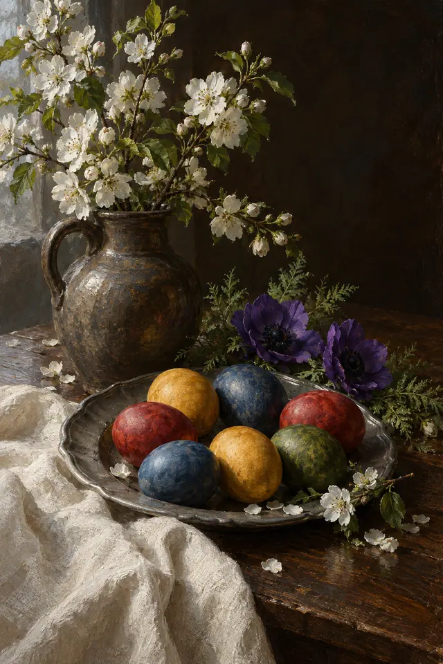 Pintura a óleo de ovos coloridos em travessa, com flores brancas em jarra, anêmonas violetas e tecido claro.