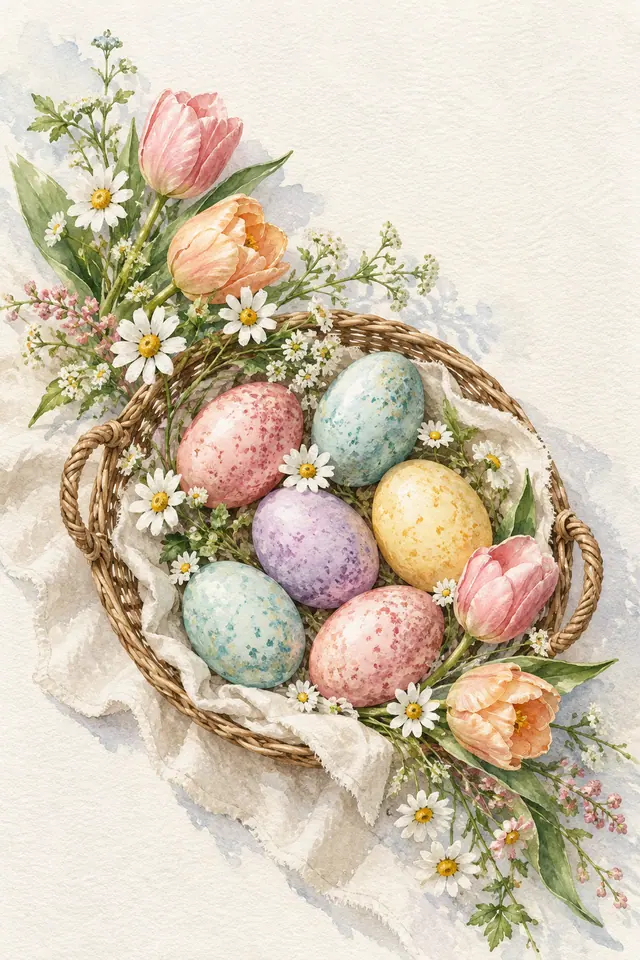 Aquarela de seis ovos de Páscoa coloridos em cesta de vime com tulipas, margaridas e tecido claro.
