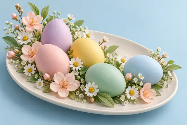 Cinco ovos em tons pastel entre margaridas e flores rosadas em uma travessa clara sobre fundo azul.