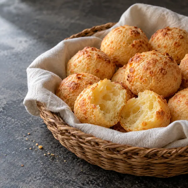 Cesta de vime com pães de queijo dourados e um pão aberto ao meio sobre bancada escura, sob luz natural.