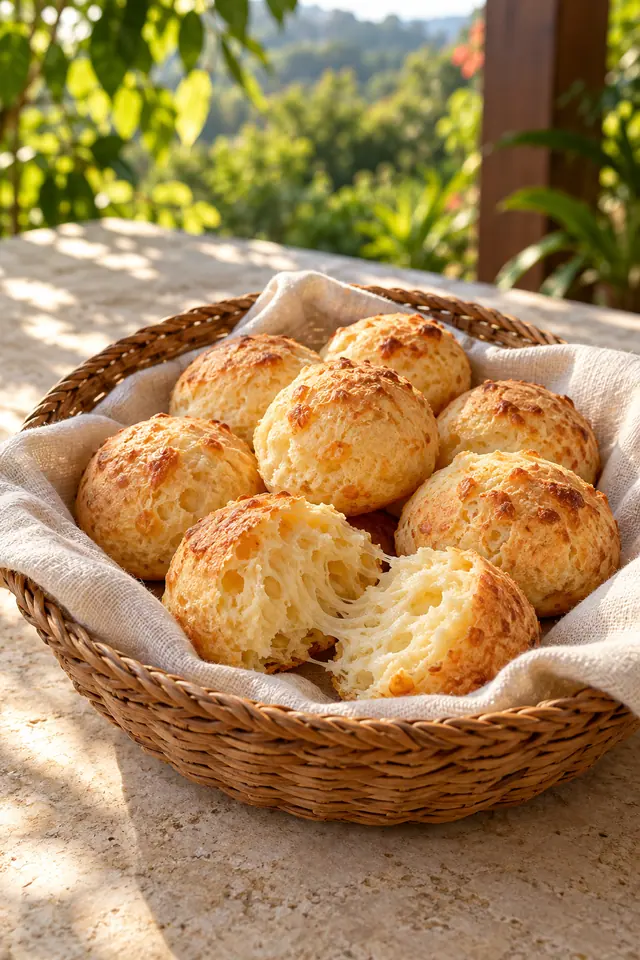 Cesta de vime com pães de queijo dourados e um pão aberto sobre mesa de pedra, com vegetação ao fundo.