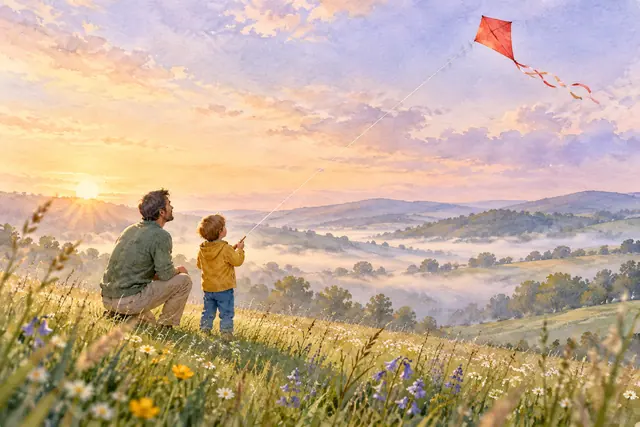 Aquarela de pai e criança com pipa vermelha em campo florido, diante de colinas com névoa ao amanhecer.