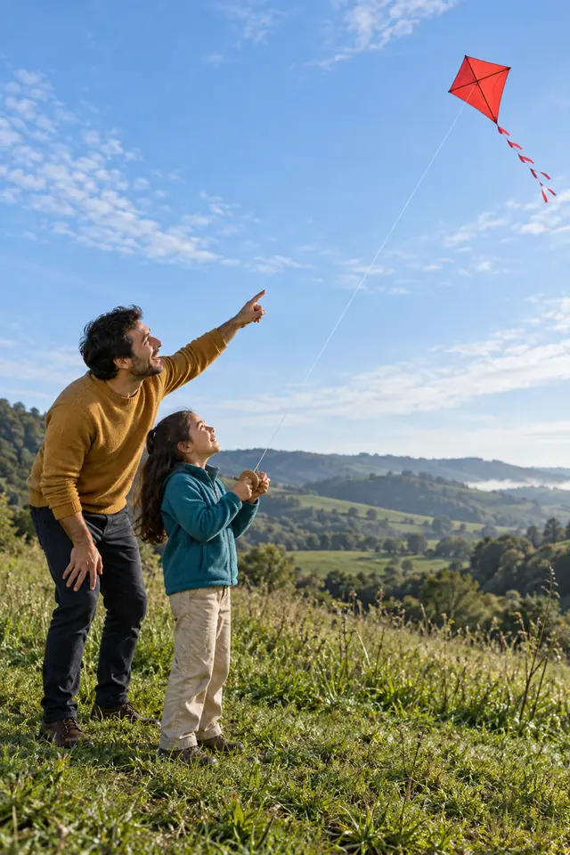 Pai aponta para uma pipa vermelha enquanto a filha segura o carretel em um campo verde sob o céu azul.