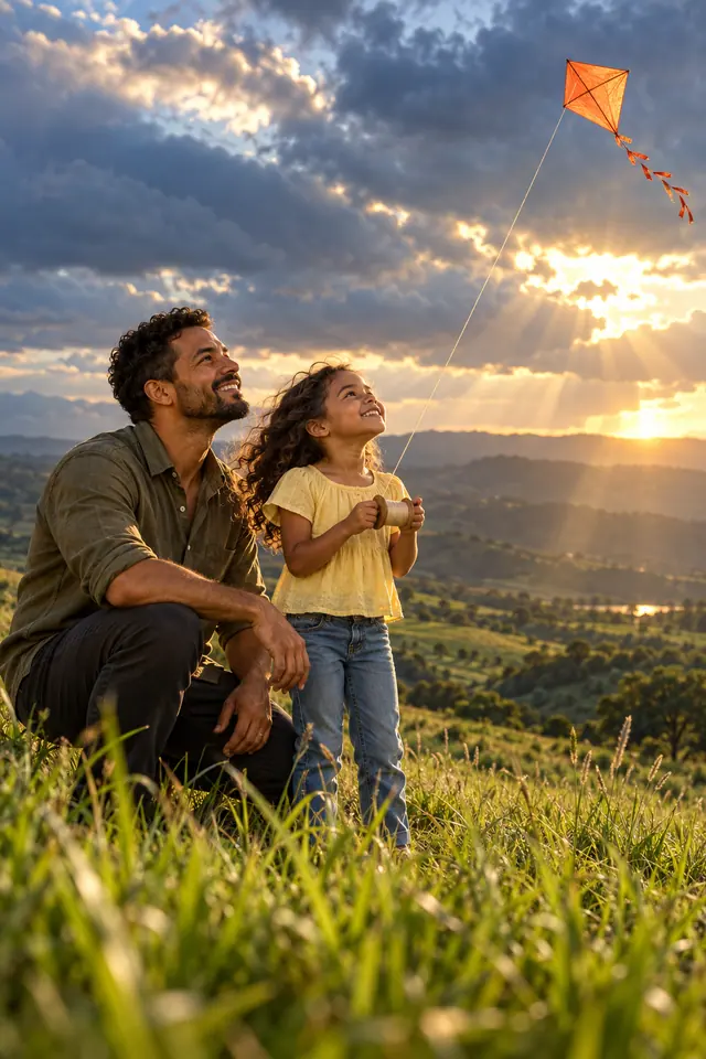 Pai ajoelhado ao lado da filha com uma pipa laranja no céu, sob raios de sol em uma colina verde.