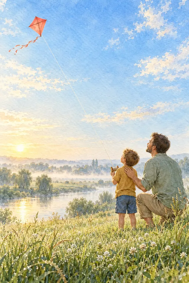 Aquarela de pai ajoelhado ao lado do filho soltando uma pipa vermelha em um campo junto ao rio ao amanhecer.