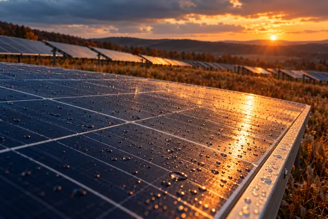 Painel solar com gotas de chuva reflete o pôr do sol, com fileiras de painéis e colinas ao fundo.