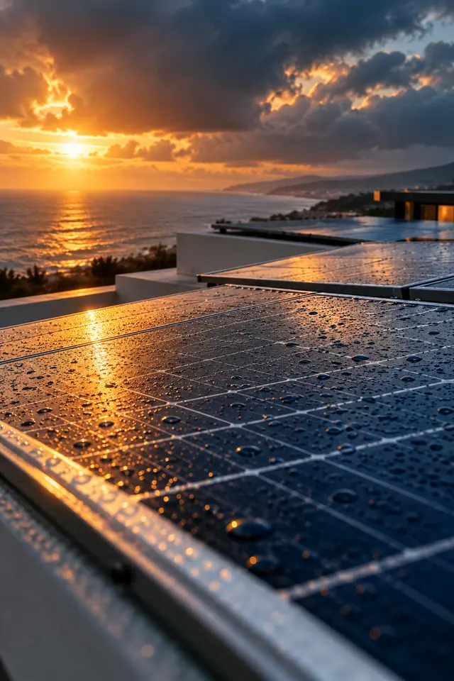 Painéis solares molhados em terraço à beira-mar refletem o pôr do sol sob nuvens escuras.