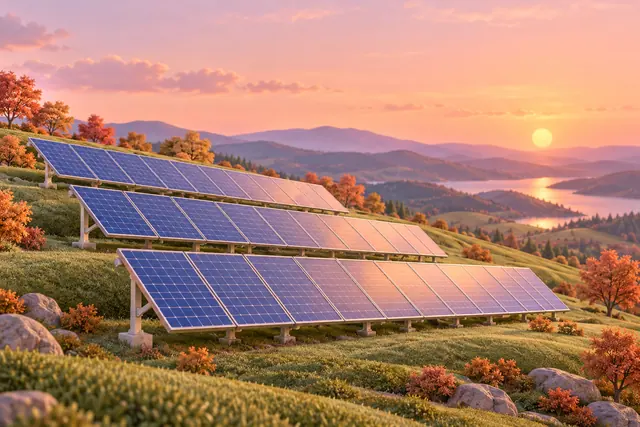 Painéis solares em encosta verde com árvores de outono, montanhas e lago sob um pôr do sol em tons pastel.