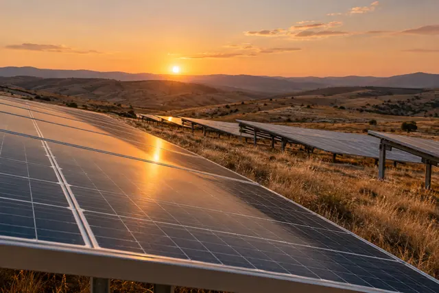 Painéis solares refletem a luz dourada do pôr do sol em terreno de capim seco, com colinas ao fundo.